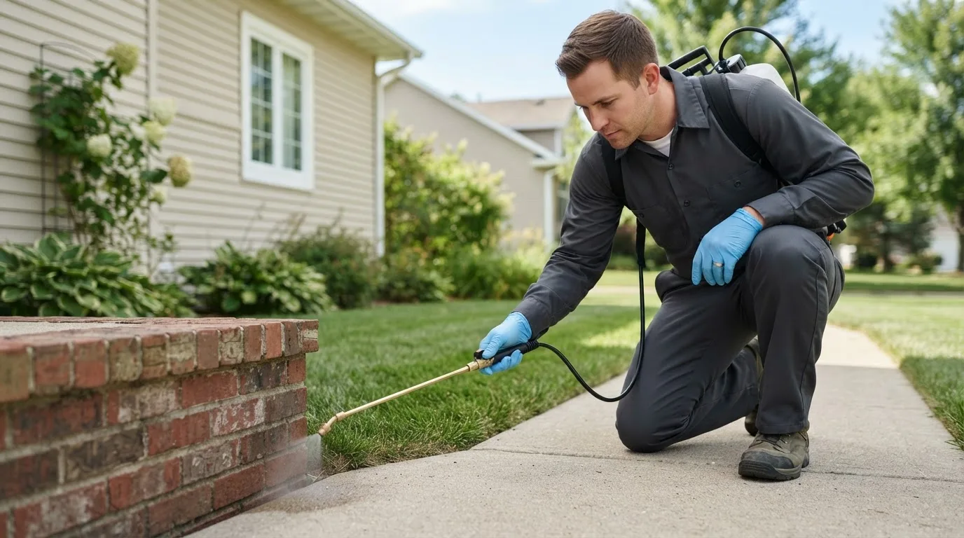 Pest control technician treating a home near Watkins, MN